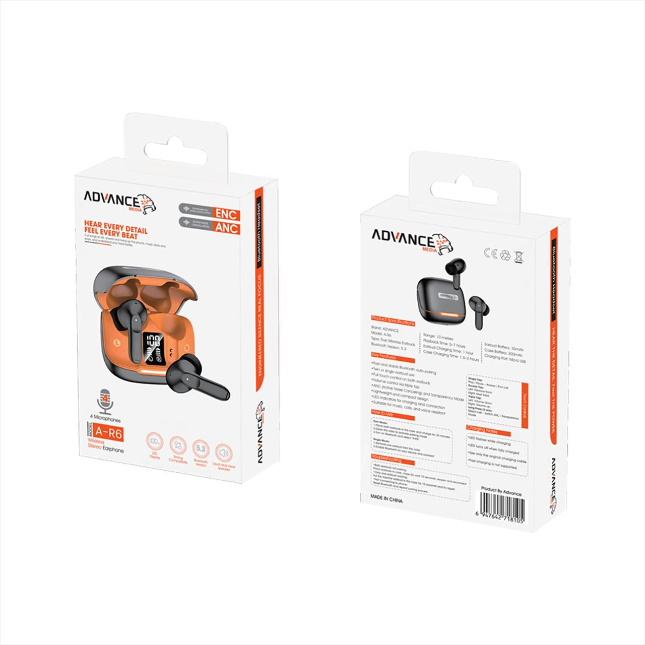 ایرفون بی سیم Advance Media مدل A-R6 ANC+ENC - مشکی (گارانتی یکساله ویستا حافظه)